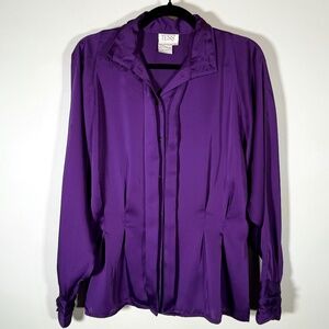 Vintage TESS - Purple Silky Flowy Blouse Button Front Long Sleeve - Size 14